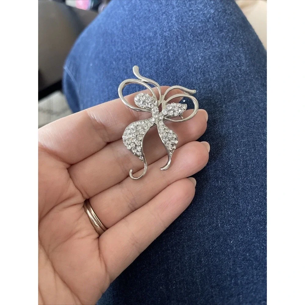 Vintage Abstract Rhinestone Silver Butterfly Bow Tone Brooch Pin, 2.25